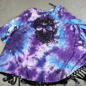 HOT TOPIC  Kimono Womens 2/3 Purple Blue Tie Dye Skull Fringe Open Front Sweater